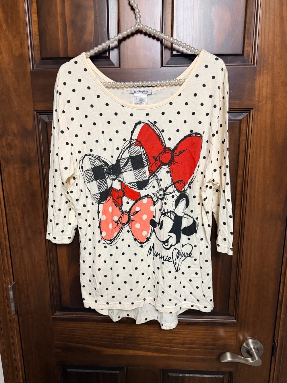 Disney Parks Cream Polka Dot Minnie Top with Red and Black Bows